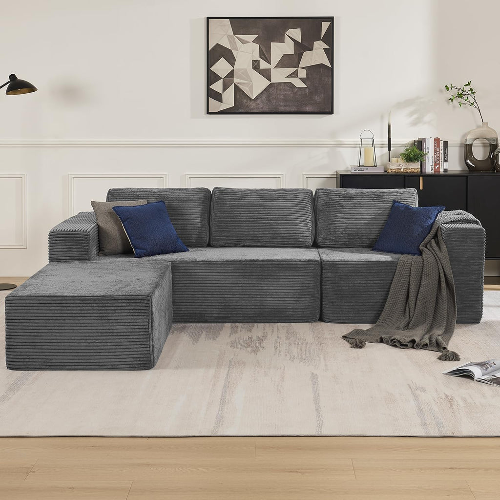 106" Modular Sectional Sofa with L-Shape Chaise, Right/Left Facing Deep Seat Cloud Couch, No Assembly Required, Upholstered Couch for Living Room Bedroom (Plush Corduroy Fabric, Grey)