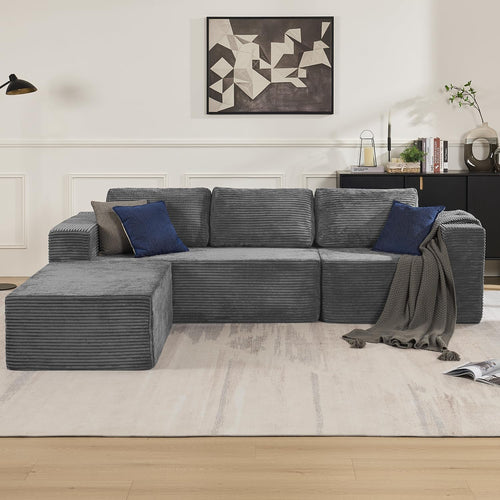 106" Modular Sectional Sofa with L-Shape Chaise, Right/Left Facing Deep Seat Cloud Couch, No Assembly Required, Upholstered Couch for Living Room Bedroom (Plush Corduroy Fabric, Grey)