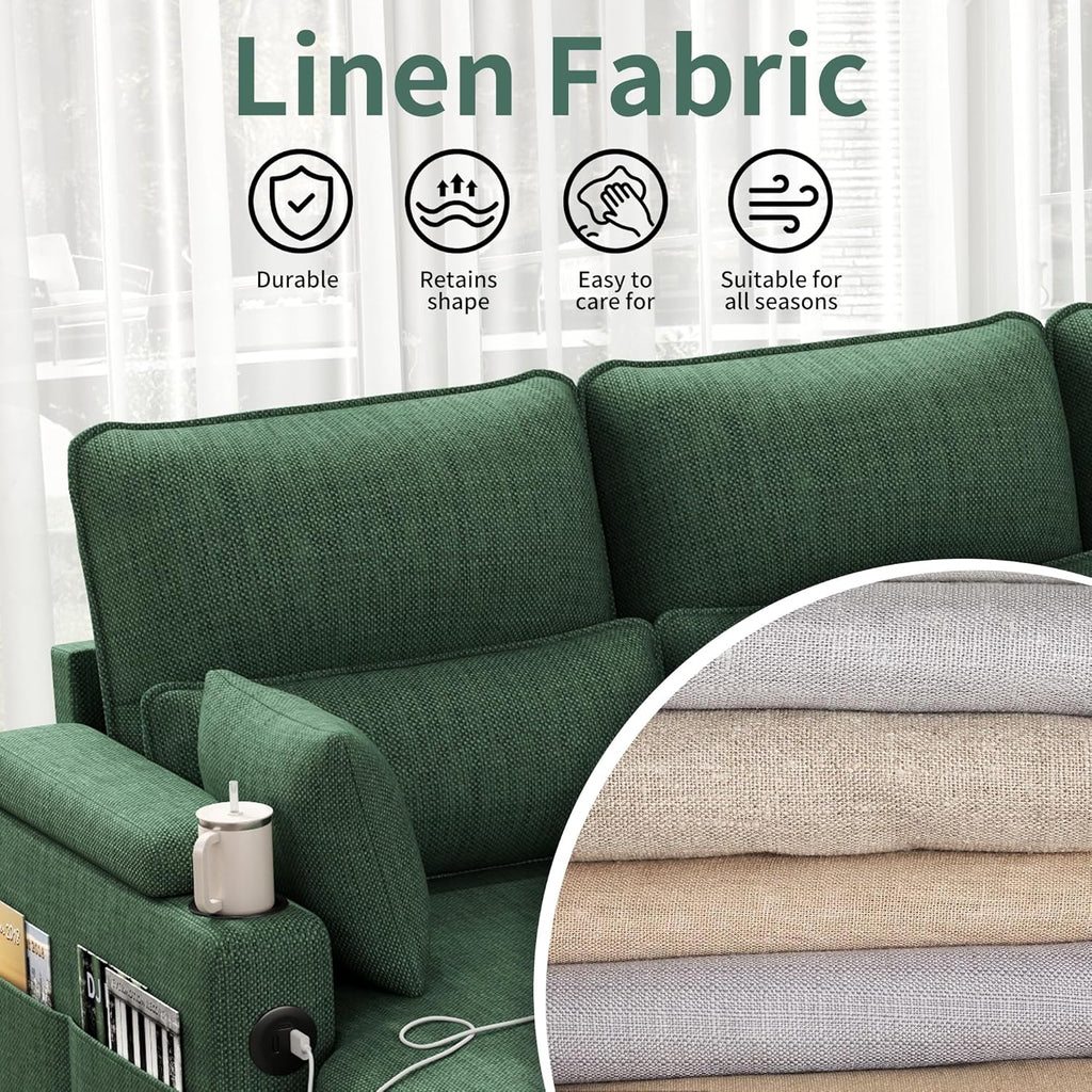 Sectional Sleeper Sofa with Pull Out Couch Bed, with Storage Chaise for Living Room, Comfy Linen Modular Sectional Sofa with Dual USB & Type-C, Cup Holders (Green, 81 Inches)