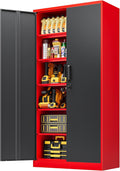 Metal Storage Cabinet with Lock,71 Inch Garage Cabinet with 2 Doors and 5 Adjustable Shelves,Steel Storage Cabinets for Garage,Home Office,Pantry,School(Red & Black)