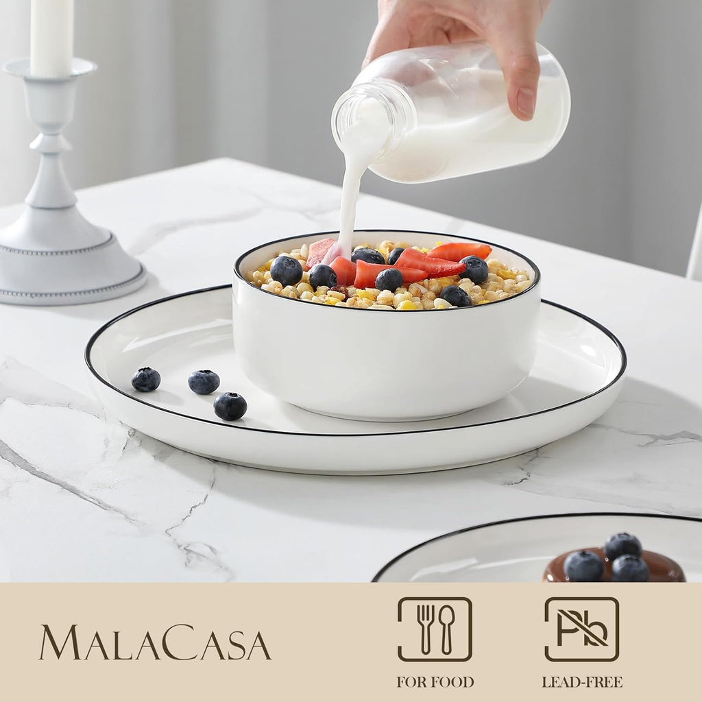 MALACASA Plates and Bowls Sets, 24 Pieces Modern Porcelain Dinnerware Set for 8 White Kitchen Dinner Dining Ware Set wtih Black Rim Ceramic Dishware Dishes Microwave and Dishwasher Safe, Series LUNA