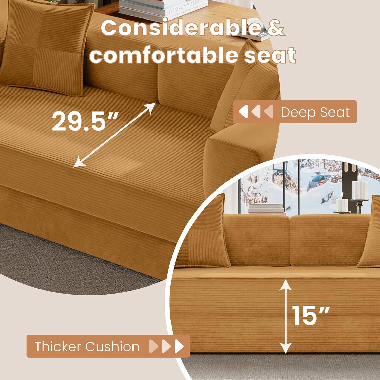 Belhome 78.8" Convertible Sofa Bed, Futon Sofa Bed with Side Pocket, Corduroy Pull Out Futon Sofa, Boneless Couch for Living Rooms,No Assembly Required, Yellow