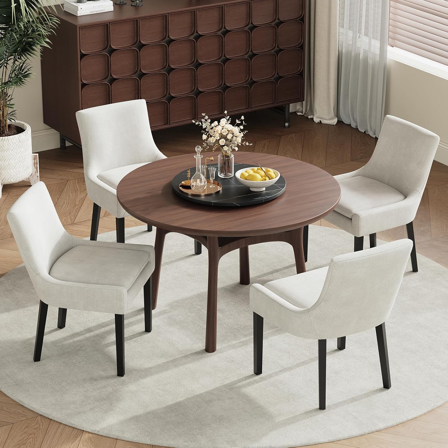 Dining Chairs Set of 4, Upholstered Corduroy Dining Room Chair with Wood Legs, Mid-Back Padded Kitchen Side Chairs for Dining Room, Beige