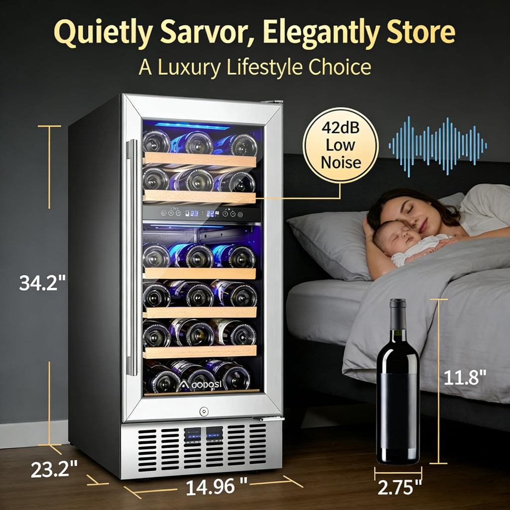 AAOBOSI 15 inch Dual Zone Wine Fridge, 28 Bottles Built-in or Freestanding Fridge,41-64°F Wine Cooler with Professional Compressor .Low Noise and No Fog
