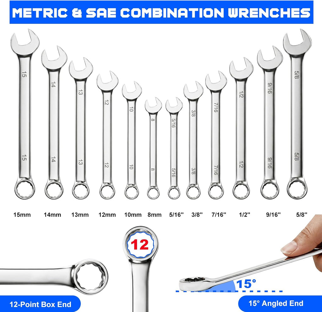 Prostormer Mechanics Tool Set with Drawer Box, 279-Piece SAE and Metric Mechanic Tool Kit with Wrenches & Sockets, General Tool Kit for Car, Motorcycle, Home Repair (Blue)