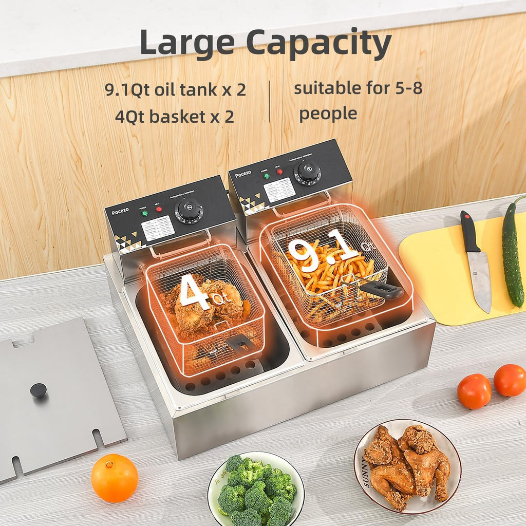 Electric Deep Fryer 17.2L/18.2QT Stainless Steel Dual Tank Commercial Fryer with Basket, 3400W 110V Countertop Deep Fryer for Home Kitchen and Restaurant Use with Oil Thermometer & Temperature Control