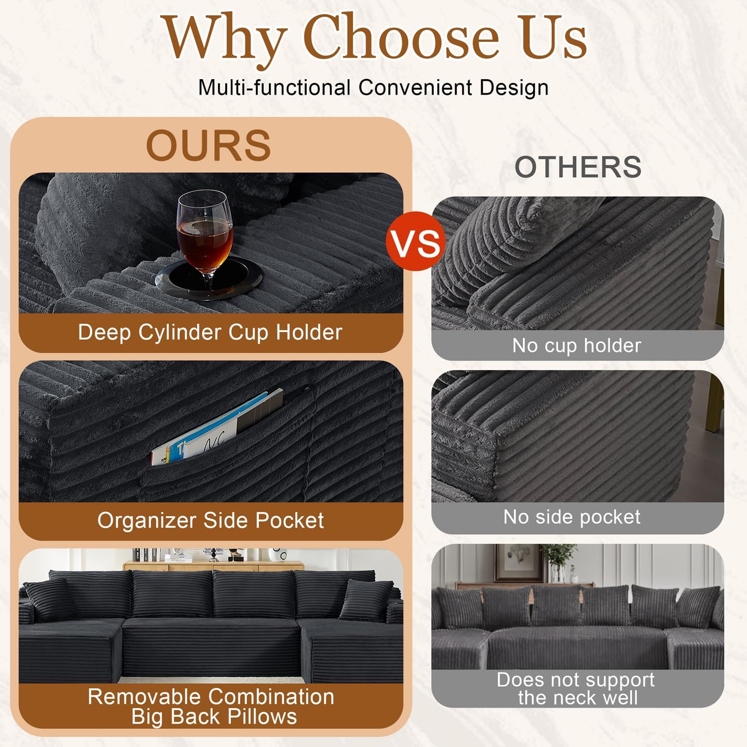 Modular Sectional Sleeper Sofa,134 Inch Boneless Cloud Couch for Living Room, U Shaped 5 Seat Sofa with 2 Storage Pockets& 2 Cup Holders, Free Combination, No Assembly Required (Dark Grey)