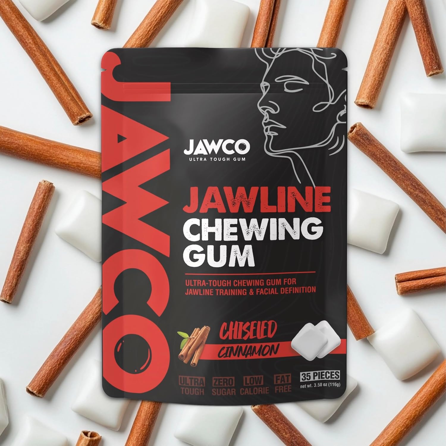 JAWCO Ultra-tough Jawline Chewing Gum | Get a Stronger, Squarer Jawline | Jaw Training Hard Gum | Chisel, Sculpt, Tone your Jaw | 15X Hardness | Facial Fitness Mewing Gum | Chiseled Cinnamon (6-Pack)