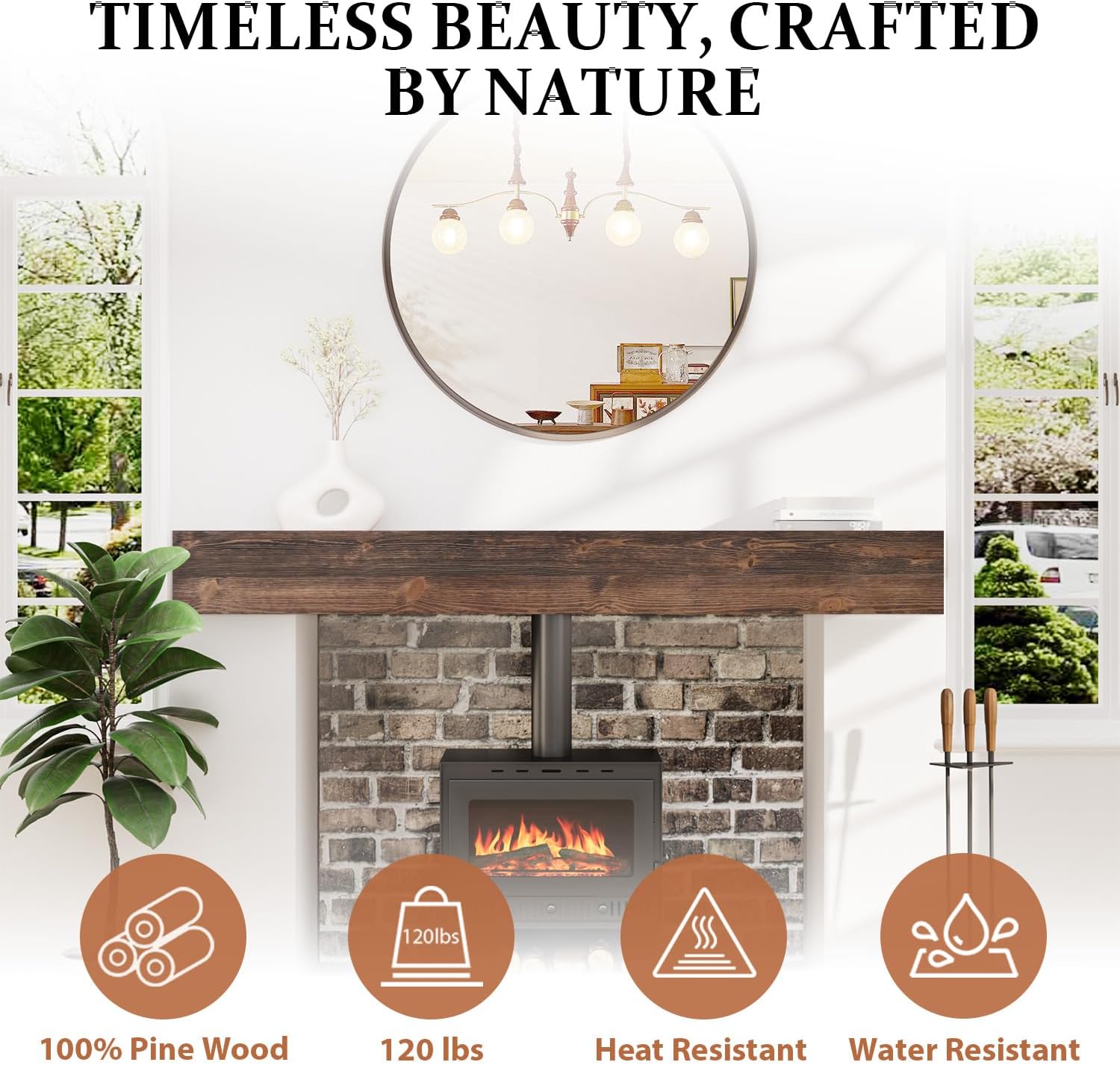 Fireplace Mantel, Handcrafted Mantel Shelf for Over Fireplace, Wood Mantel with Invisible Heavy Duty Bracket, Wood Floating Shelves for Wall-Mounted, 72 Inch, American Brown