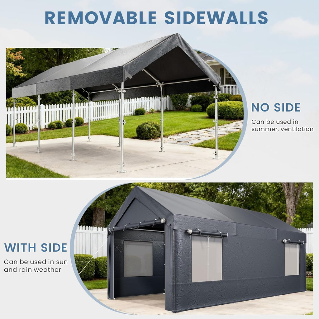 EROMMY Carport, 10x20 Ft Heavy Duty Carport with Roll-up Windows，Portable Garage with Removable Sidewalls, Car Canopy with All-Season Tarp and Sandbags for Truck, Tractor, Boat, Grey