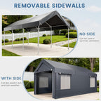 EROMMY Carport, 10x20 Ft Heavy Duty Carport with Roll-up Windows，Portable Garage with Removable Sidewalls, Car Canopy with All-Season Tarp and Sandbags for Truck, Tractor, Boat, Grey