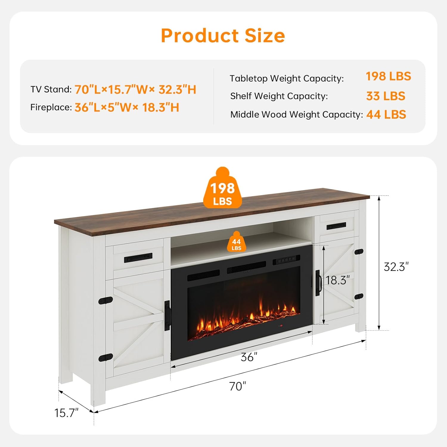 Fireplace TV Stand, 70" Farmhouse TV Stand with Barn Door for 80" TVs, Entertainment Center with Black Fireplace & Storage, White