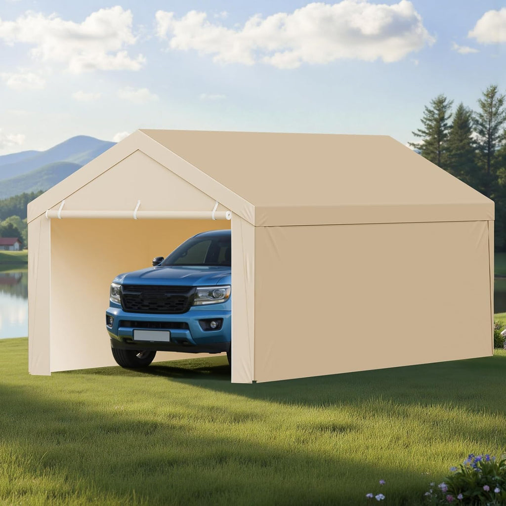 VEVOR Carport Replacement Canopy Cover, 10 x 20 ft Potable Garage Tent Top Tarp with Sidewalls, UV-Resistant & Waterproof, Heavy Duty Car Shelter Tarp with Ball Buggees, Beige, Frame Not Included