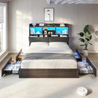 King Farmhouse Bed Frame with Bookcase Headboard and 4 Drawers, LED Storage Bed with Charging Station & Linen Upholstered, No Box Spring Needed,Black
