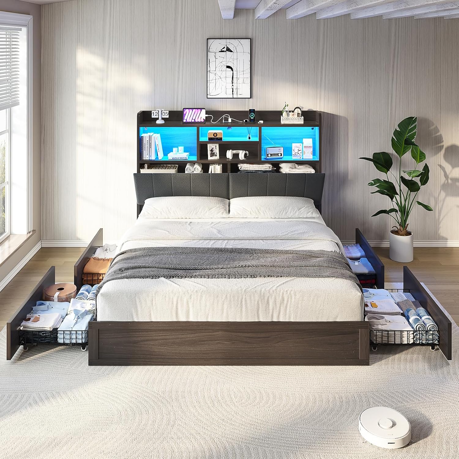 King Farmhouse Bed Frame with Bookcase Headboard and 4 Drawers, LED Storage Bed with Charging Station & Linen Upholstered, No Box Spring Needed,Black