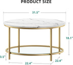 YITAHOME White Marble Round Coffee Table with Glass for Living Room, 2-Tier Circle Coffee Table with Storage Clear Coffee Table, Simple Modern Center Cocktail Table, White & Gold