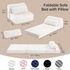 Folding Sofa Bed with Pillow, Convertible Sleeper Chair, Comfy Floor Futon Couch Mattress Lounge Sofa for Adults Portable Fold Out Chair Bed for Living Room Bedroom, Single, Beige