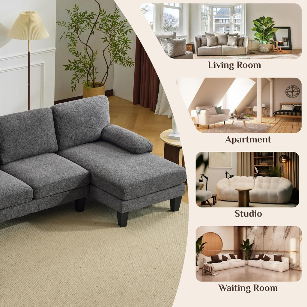 Karl home 110" U-Shape Sectional Couches for Living Room Chenille Upholstery 4 Seat Sofa Set with Double Chaises & Wood Grain Legs for Apartment, Dark Grey