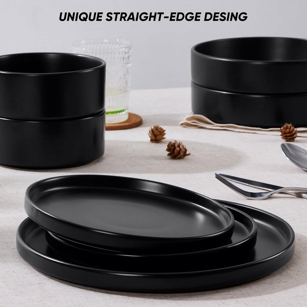E-far 16-Piece Black Plates and Bowls Sets - Stoneware Dinnerware Sets with Pasta Bowls for 4 | Matte Black Kitchen Modern Dish Set, Microwave & Dishwasher Safe