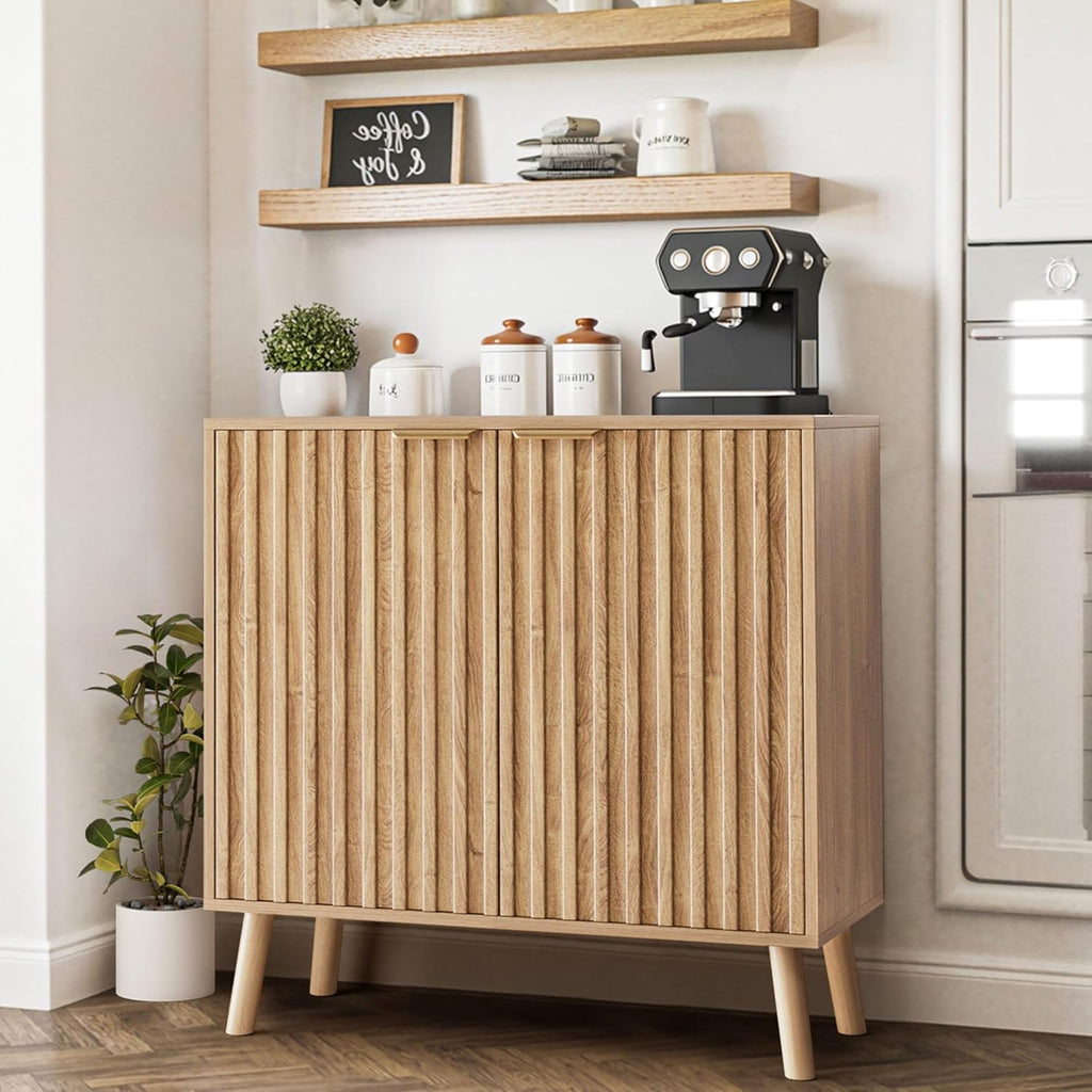 Fluted Buffet Cabinet, Free Standing Sideboard with Storage, Wood Accent Cabinet with Doors & Shelf, Multifunctional Credenza, Sideboard Buffet for Living Room, Dining Room(1, Natural)