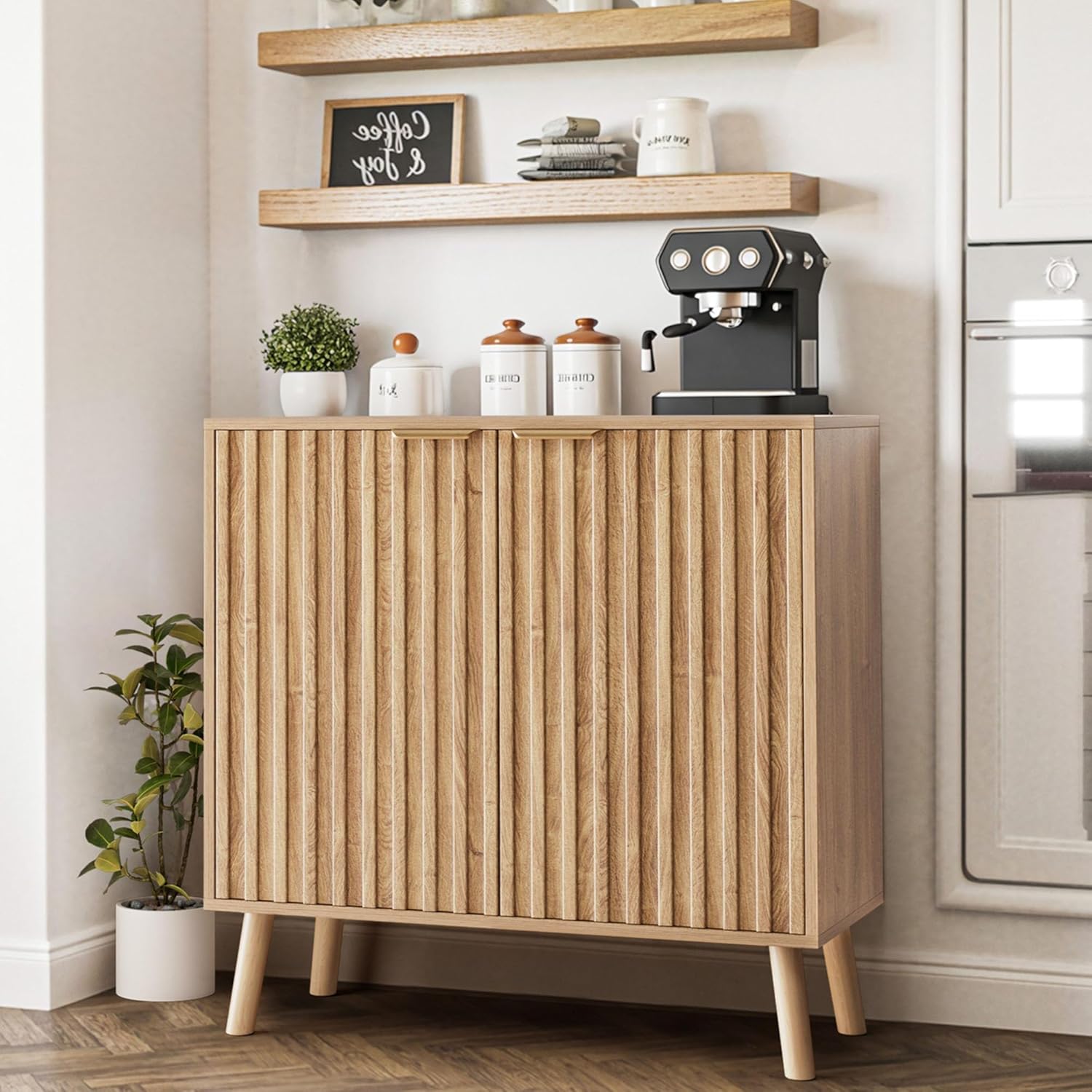 Fluted Buffet Cabinet, Free Standing Sideboard with Storage, Wood Accent Cabinet with Doors & Shelf, Multifunctional Credenza, Sideboard Buffet for Living Room, Dining Room(1, Natural)