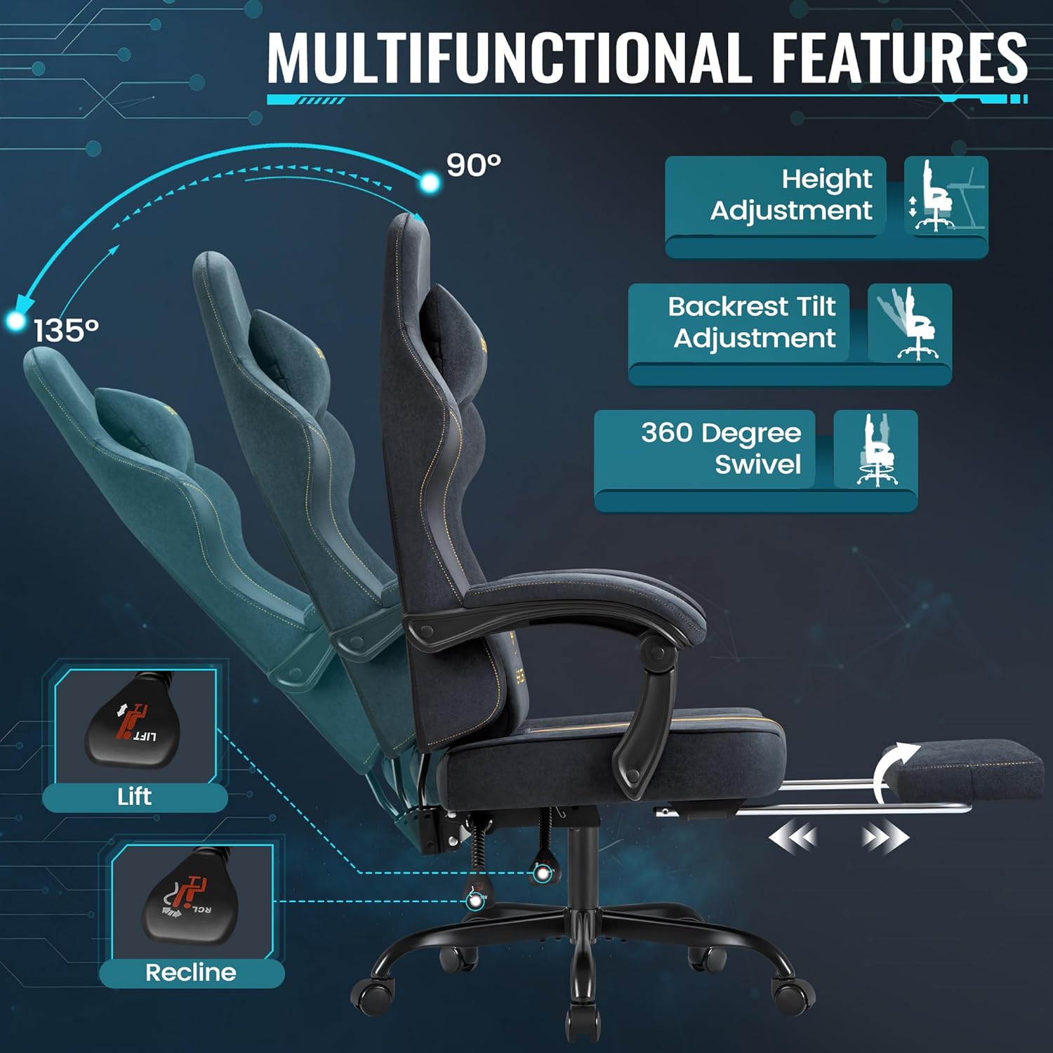 Homall Gaming Chair with Massage & Footrest, Ergonomic Computer Office Chair, High-Back Racing Style Reclining Chair with Adjustable Lumbar Support, Breathable Tech Fabric for Adults (Dark Black)