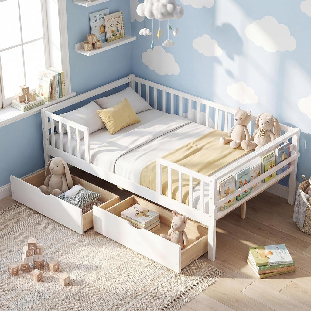 Giantex Full Kids Bed with Storage Drawers, Wood Montessori Bed with Rails & Side Shelf, Low Daybed Bed Frame for Boys Girls, No Box Spring Needed (White)