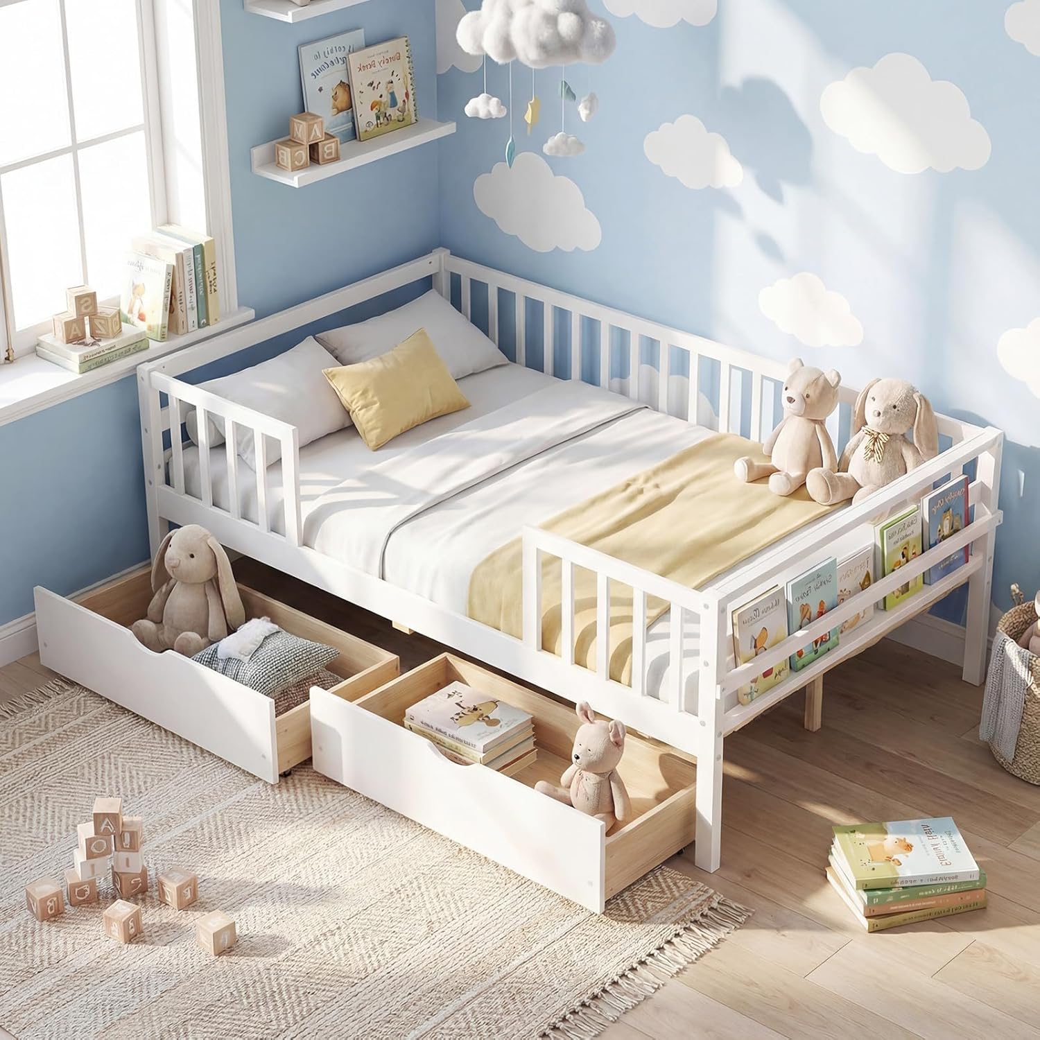 Giantex Full Kids Bed with Storage Drawers, Wood Montessori Bed with Rails & Side Shelf, Low Daybed Bed Frame for Boys Girls, No Box Spring Needed (White)