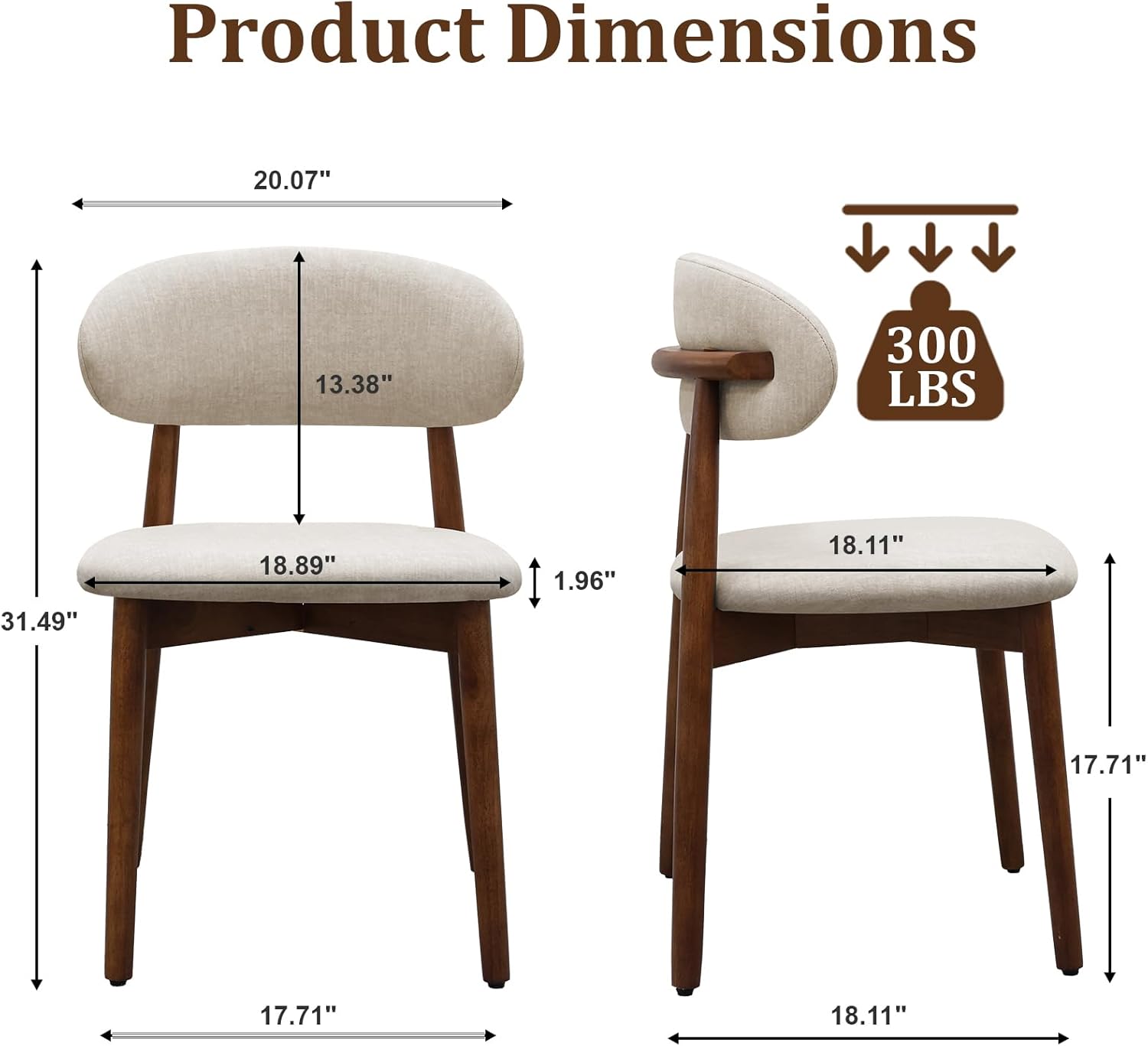 Farmhouse Dining Chairs Set of 4, Mid Century Modern Wooden Dining Room Chairs, Farmhouse Fabric Upholstered Kitchen Dinner Chairs for Living Room Restaurant Cafe, Walnut/Warm Grey