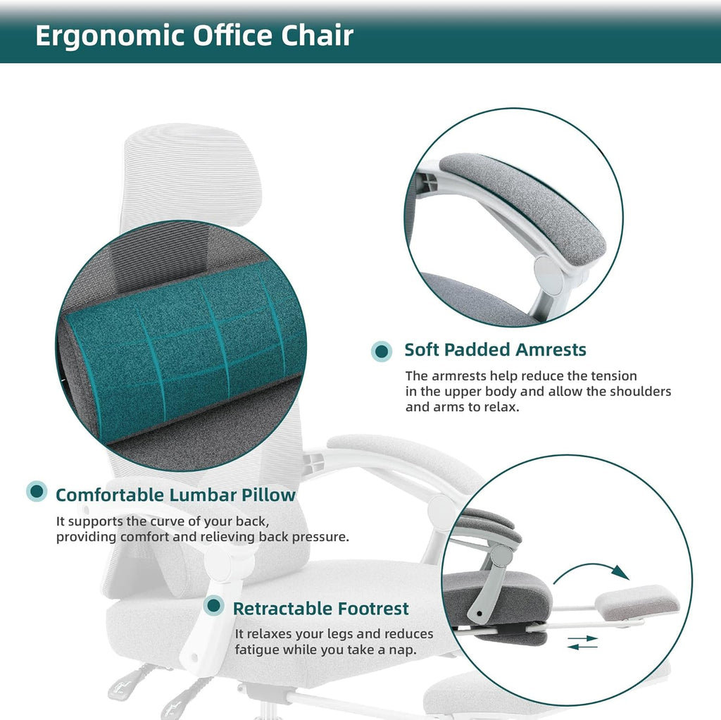 DUMOS Home Office Desk Chair with Footrest, High-Back Mesh Rolling Swivel Reclining Chairs with Wheels, Comfortable Headrest, Lumbar Support, Comfy Arms for Home, Office, Gaming, Student,Elegant Grey