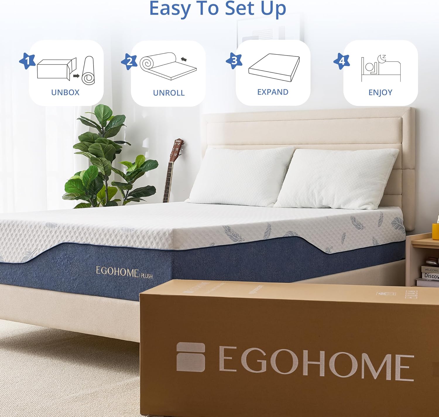 EGOHOME Firm Queen Mattress 12 Inch Memory Foam Mattresses Bed in a Box with Gel Foam and Removeable Fiberglass Free Cover for Cool Sleep and Back Pain Relief, CertiPUR-US Certified, Blue