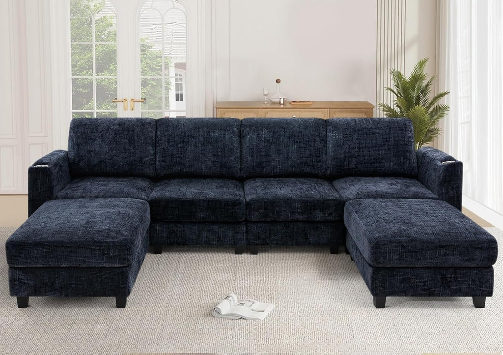 110" Chenille U-Shape Sofa with Flexible Ottomans, Comfy Sectional Sofa with 2 Built-in Cup Holders, Convertible 4 Seats Couch with Well-Filled Back Cushions for Living Room, House, Blue