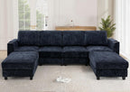 110" Chenille U-Shape Sofa with Flexible Ottomans, Comfy Sectional Sofa with 2 Built-in Cup Holders, Convertible 4 Seats Couch with Well-Filled Back Cushions for Living Room, House, Blue