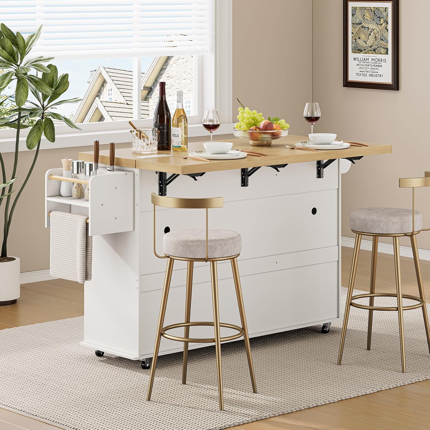 60" Kitchen Island with Power Outlet & Drop Leaf, Kitchen Rolling Island with Spice Rack & Towel Rack, Knife Holder, Kitchen Island Cart with Trash Storage Cabinet, Mobile Island Table for Kitchen