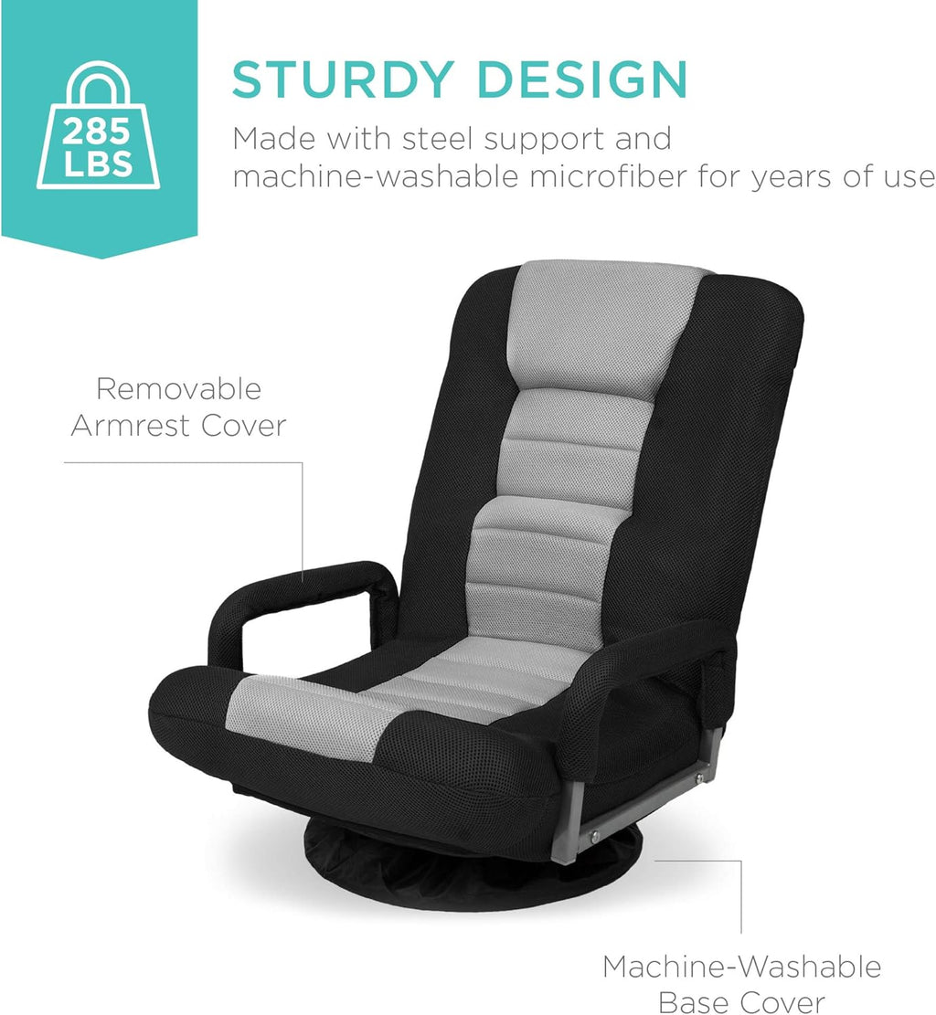 Best Choice Products Swivel Gaming Chair 360 Degree Multipurpose Floor Chair Rocker for TV, Reading, Playing Video Games w/Lumbar Support, Armrest Handles, Adjustable Foldable Backrest - Black/Gray