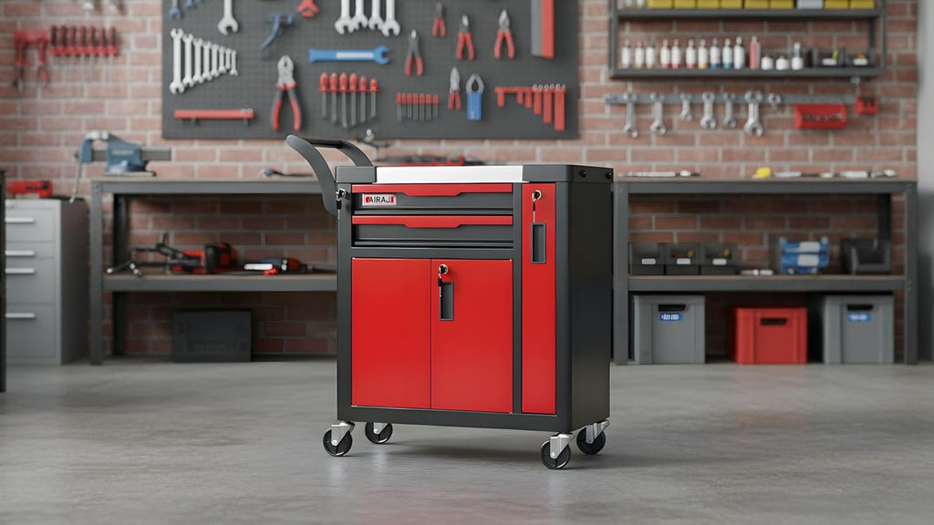 Tool Chest 2-Drawer | Rolling Tool Chest with Wheels/Side Drawer | Drawers Integrated Lockable | Tool Cart/Cabinet with Drawers for Garage Storage,Workshop | Safety Rounded Corner Anti-collision | Red
