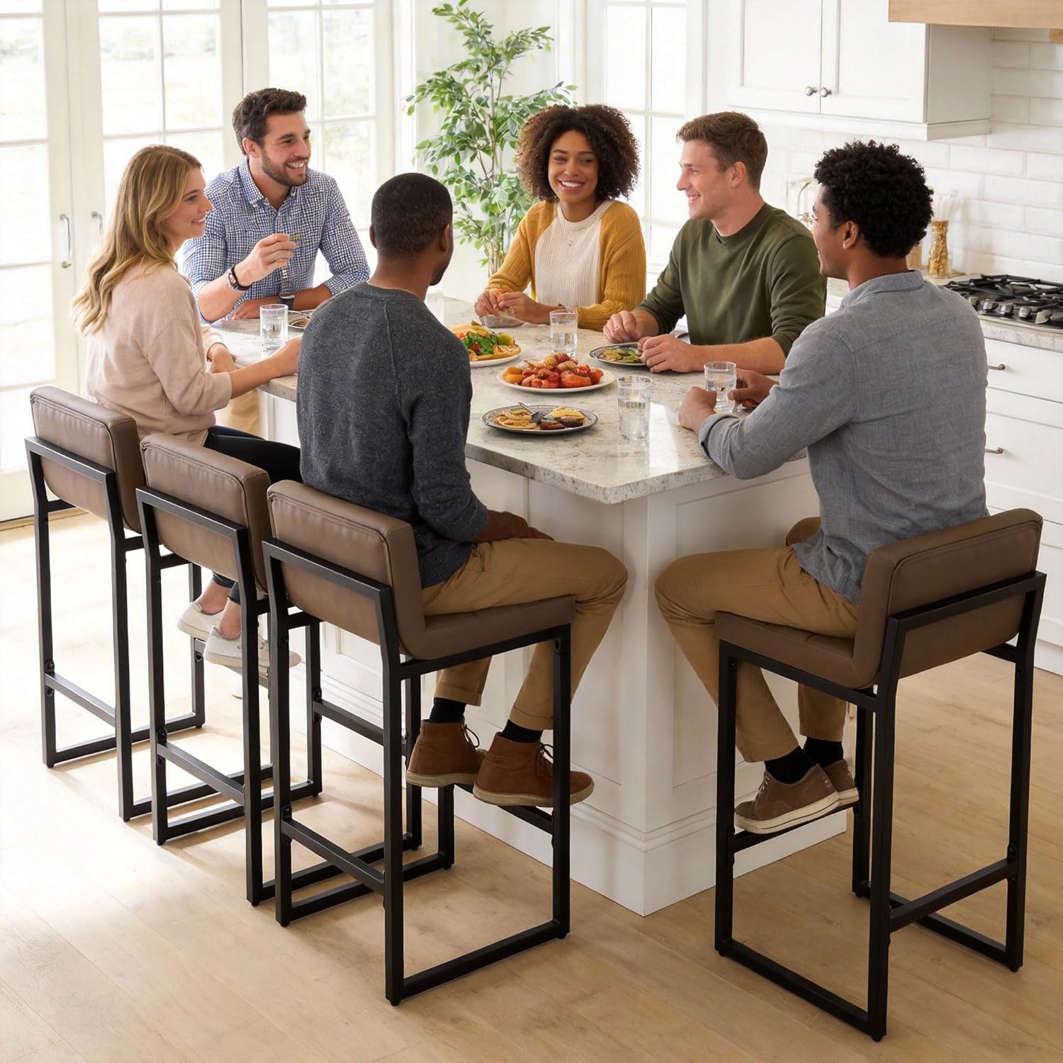 Counter Height Bar Stools Set of 4, Upholstered Barstools with Back, Bar Chairs with Thickened Metal Legs, PU Leather Counter Stools for Kitchen Island (Coffee Brown, 4Pcs 26" Counter Stools)