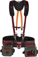FUERI Electrician's Heavy Duty 26 Pocket Leather-Nylon Tool Belt & Suspender Combo, Comfort Back Support Padded Belt, 2 Large Storage Capacity Pouches, Best for Framers, Carpenter, Roofing