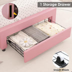 Keyluv Full Upholstered LED Bed Frame with Storage Drawer, Leather Princess Platform Bed with Adjustable Crystal Button Tufted Crown Headboard, Solid Wooden Slats Support, No Box Spring Needed, Pink