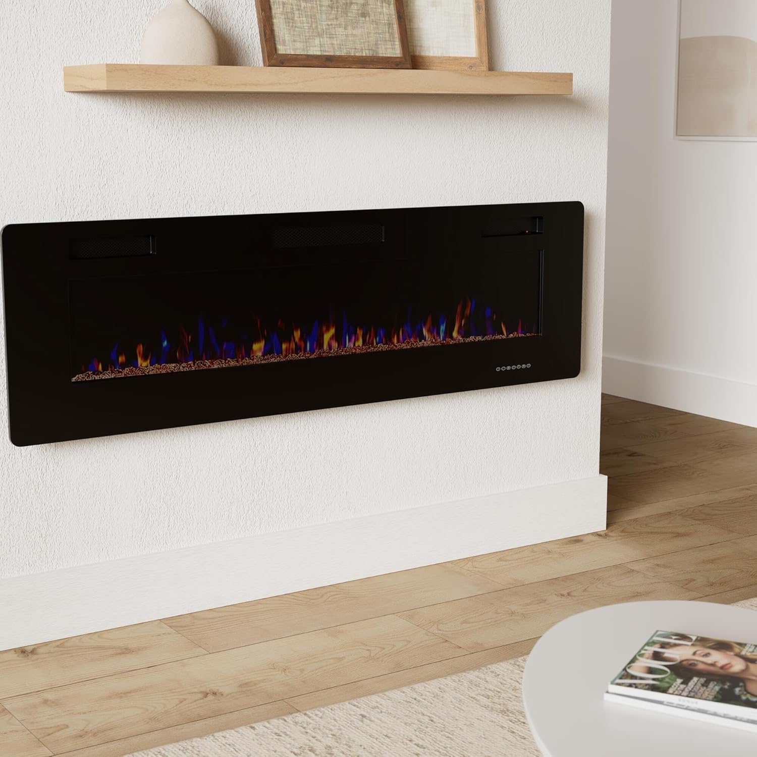 R.W.FLAME 60" Recessed and Wall Mounted Electric Fireplace, Low Noise, Fit for 2 x 6 Stud, Remote Control with Timer, Touch Screen, Adjustable Flame Color and Speed, 750-1500W