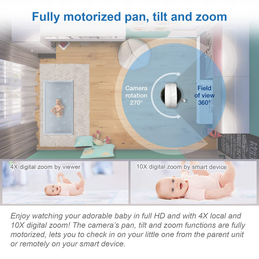 VTech RM7764-2HD Smart WiFi Baby Monitor with 2 Cameras  1080p HD Video  360° Pan & Tilt  10x Zoom  7" HD Parent Unit  Night Vision  Soothing Sounds  2-Way Talk  Temperature & Motion Detection