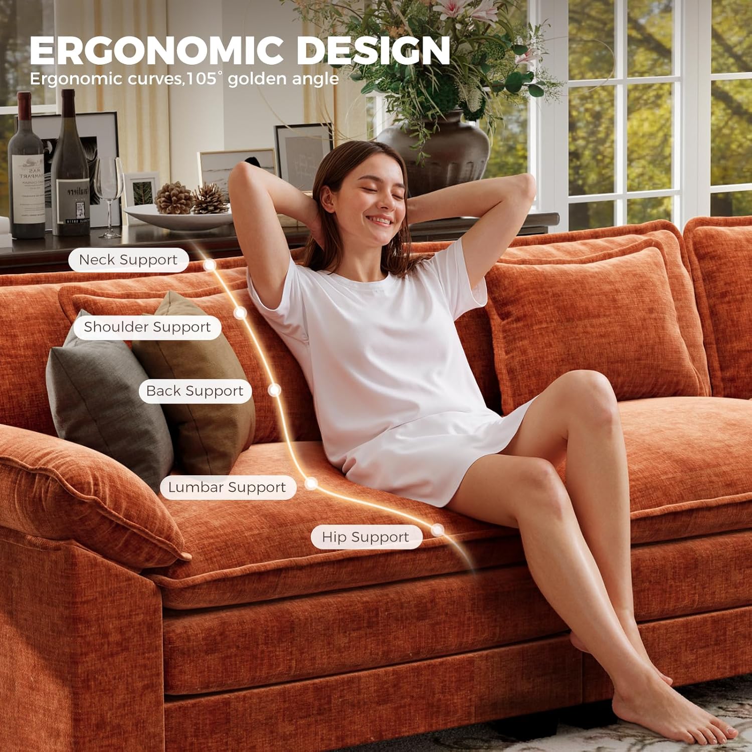 CDCASA 154" Oversized Modular Sectional Sofa, Comfy U-Shaped Cloud Couch w/ 3 Movable Ottomans, 7-Seater Chenille Deep Seat Modern Sofa Couch for Living Room, Terracotta Orange