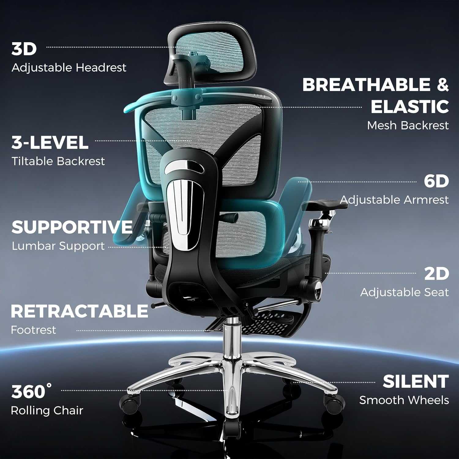 Ergonomic Office Chair with Footrest, Big and Tall Home Desk Chair, High Back Rolling Computer Chair with 5D Flip-Up Arms and Lumbar Support, Comfy Gaming Chair, Swivel Mesh Chairs, Black