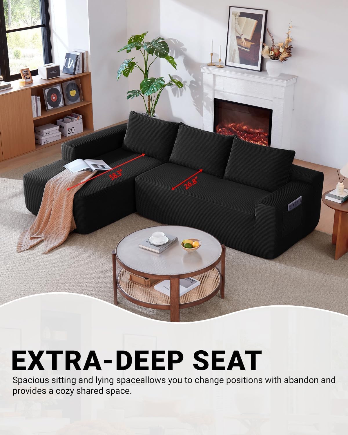 Cloud Couch Sectional, Modular L Shaped Boneless Sofa, Modern Corduroy Sectional Couch Comfy Deep Seat Cloud Sofa for Living Room, Bedroom, No Assembly (Black, Left Facing Chaise)