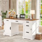 Whalefall 55'' Farmhouse Desk Home Office with Drawers, Executive Computer Desk Wooden with File Cabinet and Charging Station, White