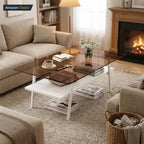 Casaphoria Rectangle Coffee Table, Modern Brown Tempered Glass Top Center Table with White Storage Shelf & Metal Legs, 2-Tier Living Room Furniture, 39 Inch, Easy Assembly