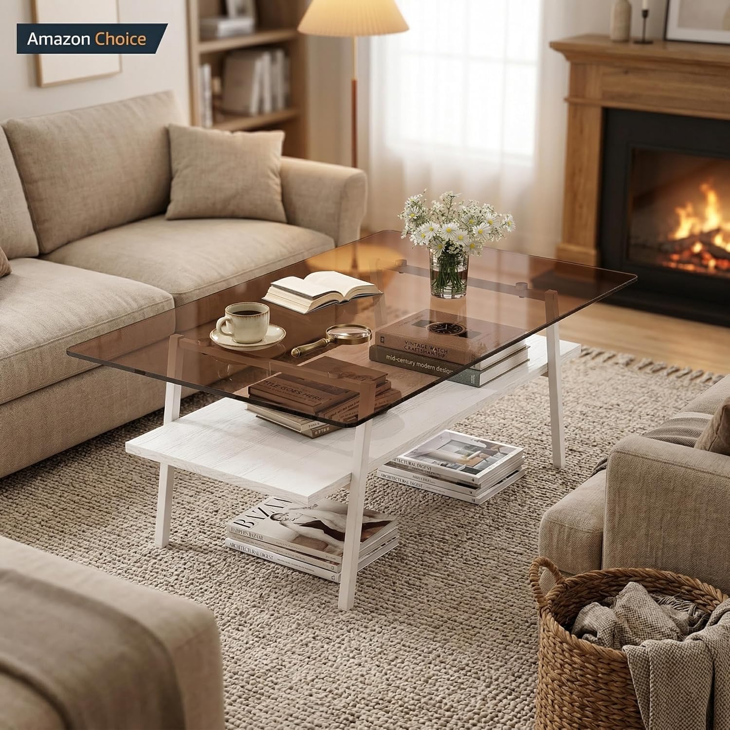 Casaphoria Rectangle Coffee Table, Modern Brown Tempered Glass Top Center Table with White Storage Shelf & Metal Legs, 2-Tier Living Room Furniture, 39 Inch, Easy Assembly