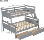 Merax Twin Over Full Bunk Bed with 2 Storage Drawers, Ladder and Guardrail, Can be Converted into 2 Separated beds, Grey
