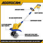Cordless Tiller Cultivator Compatible with Dewalt 20V Battery(Tool Only), 360RPM Battery Powered Garden Cultivator, 9In Tilling Width & 7In Depth Tiller for Gardening
