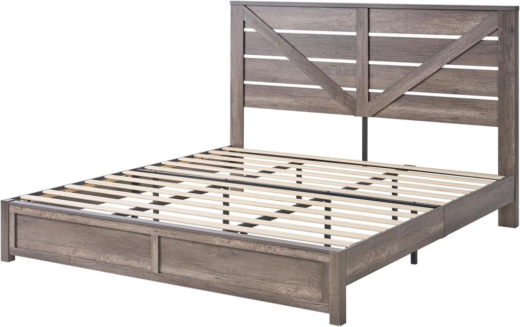 AMERLIFE King Size Farmhouse Bed Frame with 49.2" Barn Door Headboard, Platform Bed Frame with Wood Slats, Under Bed Storage Space, Easy Assembly, Noisy Free, Rustic Gray